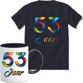 53 Jaar Vrolijke Verjaadag T-shirt met mok giftset Zwart | Verjaardag cadeau pakket set | Grappig feest shirt Heren – Dames – Unisex kleding | Koffie en thee mok | Maat L