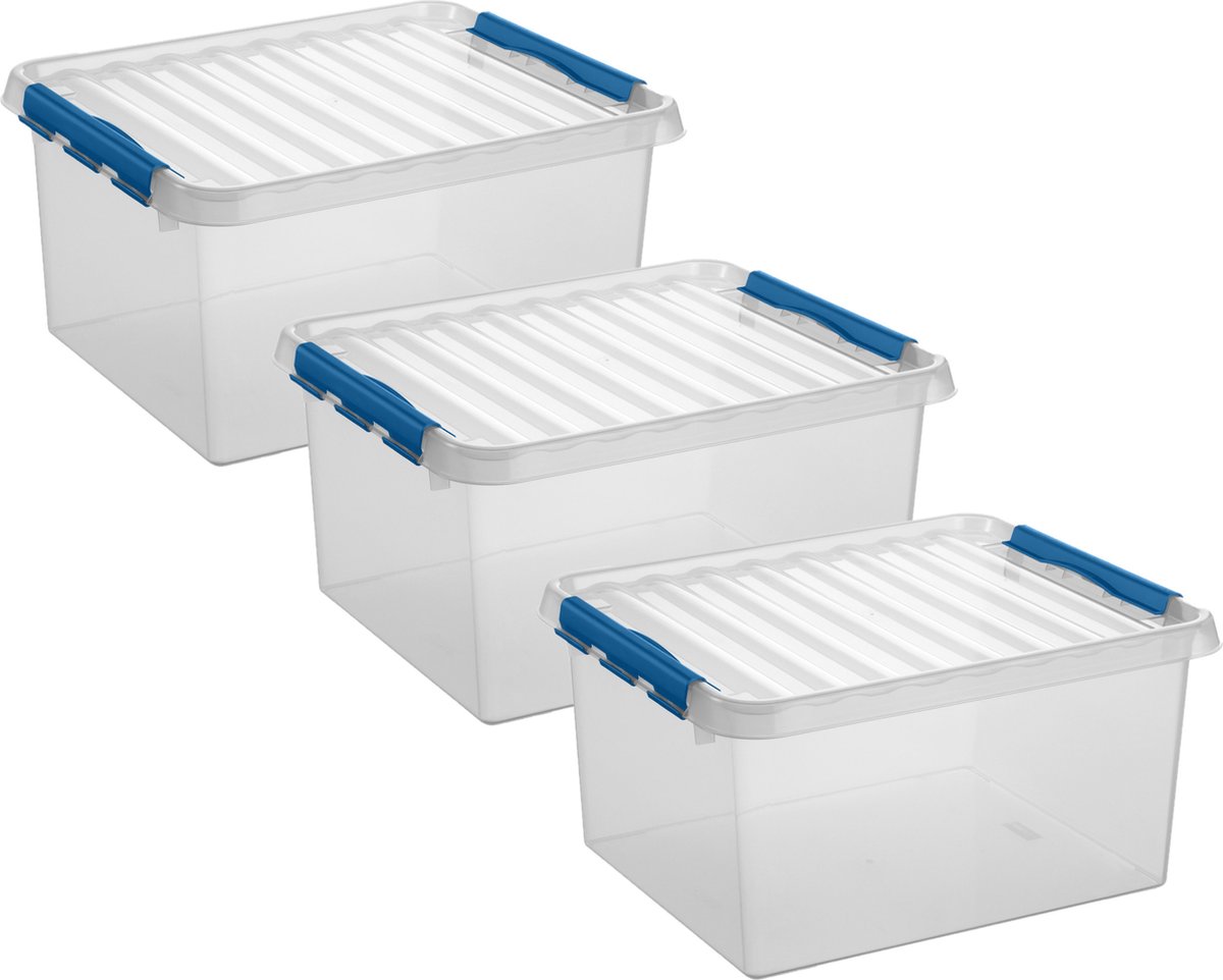 3x stuks opberg box/opbergdoos 36 liter 50 x 40 x 26 cm - Opslagbox - Opbergbak kunststof transparant/blauw