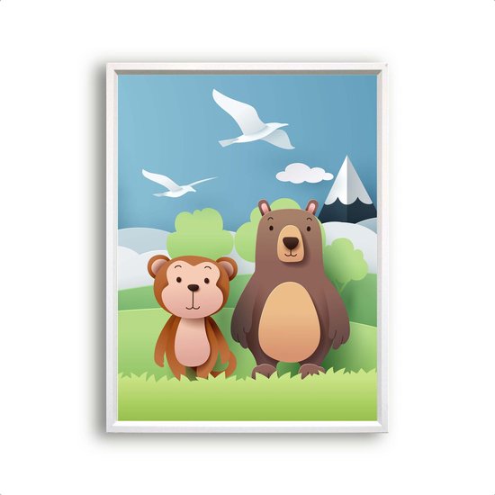 Schilderij  Aapje en beer met bergje en boompje rechts - dieren van papier / Jungle / Safari / 50x40cm
