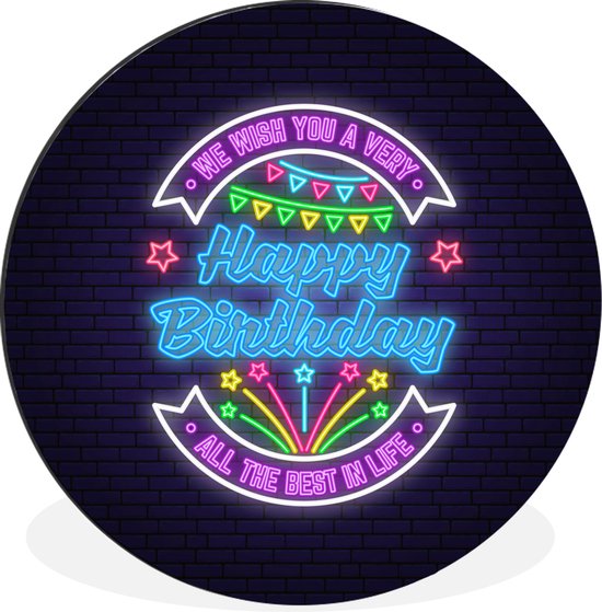 WallCircle - Wandcirkel - Muurcirkel - Happy Birthday - Verjaardag - Neon - Aluminium - Dibond - ⌀ 30 cm - Binnen en Buiten