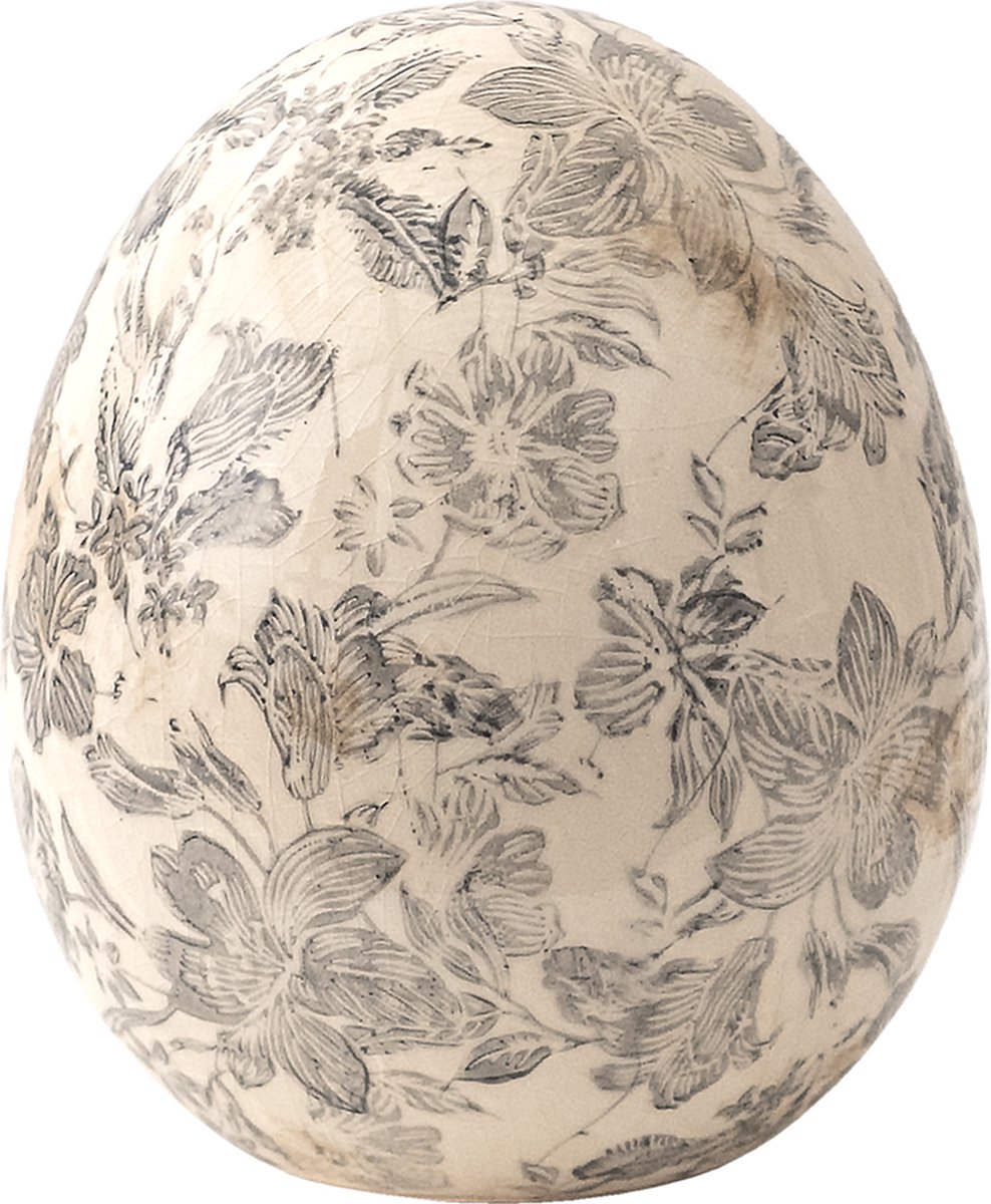 Beeld Ei Ø 14x16 cm Grijs Beige Keramiek Bloemen