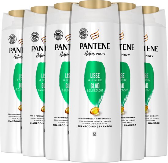 Six bouteilles de shampooing Pantene blanches à bouchon doré. Étiquette verte avec 'Lisse & Soyeux Glad & Zdezacht'.