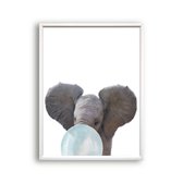 Schilderij  Jungle olifant met blauwe kauwgom - Jungle dieren / Kauwgombel / 40x30cm