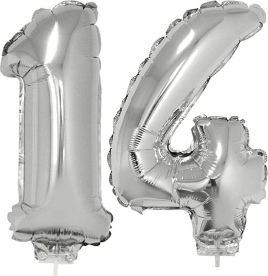 14 jaar leeftijd feestartikelen/versiering cijfers ballonnen op stokje van 41 cm - Combi van cijfer 14 in het zilver
