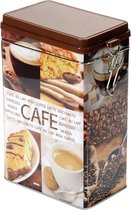 Bruin rechthoekig koffieblik/bewaarblik met cafe print 19 cm  - Koffieblikken/koffie bewaarblikken - Voorraadblikken/voorraadbussen