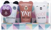 badgeschenkset junior Happy Friends 3-delig wit/bruin