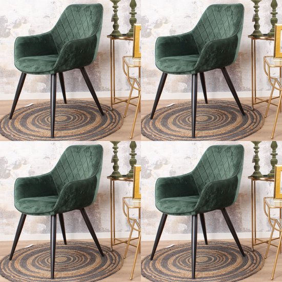 DS4U® Ravi eetkamerstoel 2.0 - kuipstoel - stoel - industrieel - met armleuning - velvet - velours - fluweel - stof - groen - set van 4