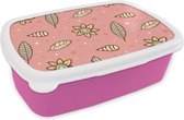 Broodtrommel Roze - Lunchbox - Brooddoos - Patronen - Bloemen - Bladeren - Girl - Kids - Kinderen - 18x12x6 cm - Kinderen - Meisje