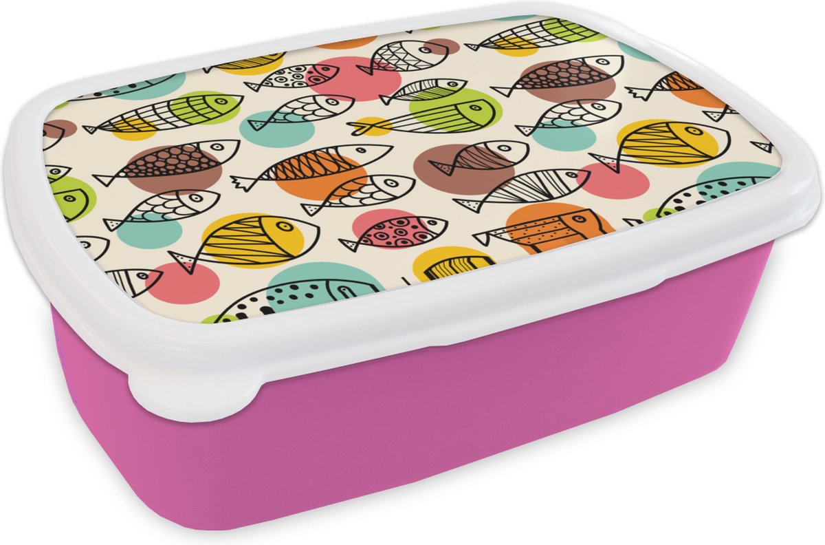 Broodtrommel Roze - Lunchbox - Brooddoos - Stippen - Vis - Regenboog - 18x12x6 cm - Kinderen - Meisje