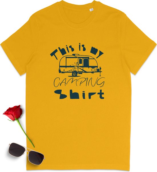 This is my Camping Shirt - Grappig Camping t Shirt - Tshirt met caravan print - t-Shirt vrouwen met tekst - Tshirt voor mannen - Dames en heren t shirt - Unisex maten: S M L XL XXL XXXL - Shirt kleuren: wit, khaki en geel.