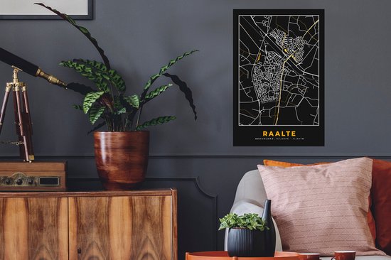 Stickers muraux - Raalte - Black and Gold et Or - Plan de la ville - Plan d'étage - Carte - 40x60 cm - Feuille adhésive