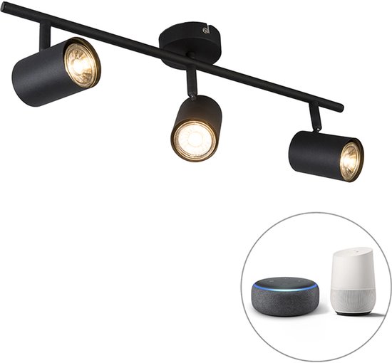 Spot noir à trois lampes avec commande intelligente, incluant les appareils Alexa et Google Home.