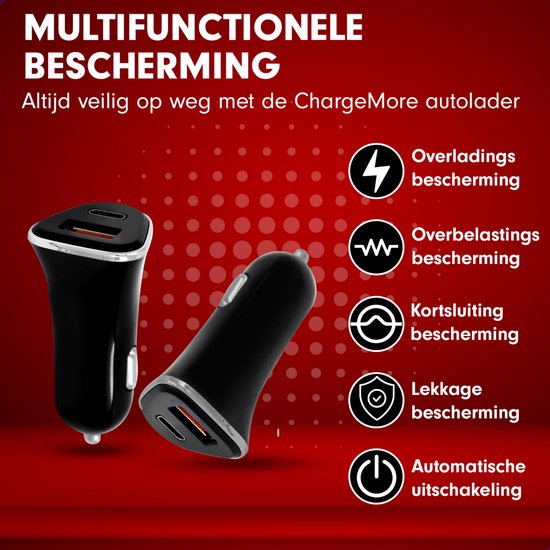 ChargeMore losse oplader - Auto lader - Snellader iphone - Sigarettenaansteker usb oplader - USB C - USB - Fast Charging 3.0 - 2 poorten - Zwart - ChargeMore