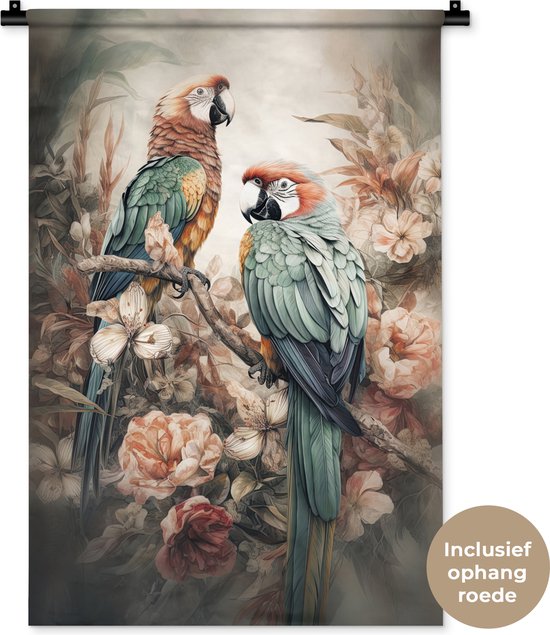 Wandkleed - Wanddoek - Papegaaien - Vogels - Natuur - Bloemen - 60x90 cm - Wandtapijt