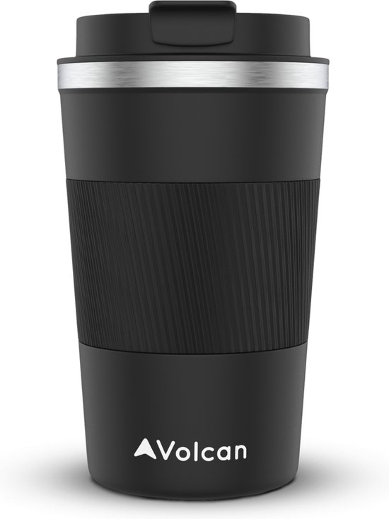 Volcan Koffiebeker To Go - RVS Thermosbeker - 380ml - Siliconen Sleeve - Theebeker - Zwart