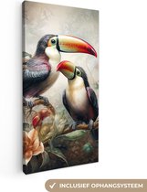 Canvas Schilderij Toekan - Vogels - Bloemen - Jungle - 40x80 cm - Wanddecoratie