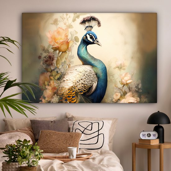Tableau sur toile Paon - Plumes de paon - Fleurs - Vogels - Botanique - 180x120 cm - Décoration murale XXL