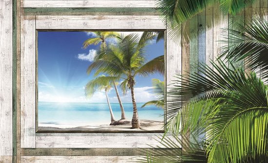 Foto: Fotobehang vlies behang 3d tropisch uitzicht op de palmbomen en zee door het houten raam 254 x 184 cm