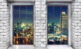 Fotobehang - Vlies Behang - 3D Uitzicht door de Ramen op de Stad - 208 x 146 cm