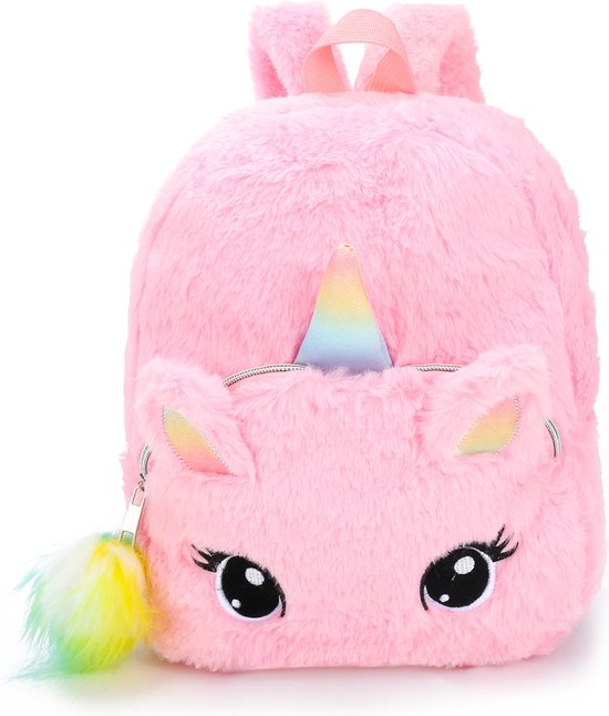 Joya Kids® Unicorn Rugzak Lichtroze | Fluffy Kinderrugzak | Eenhoorn Backpack | Grote Ogen | Regenboog Eenhoorn
