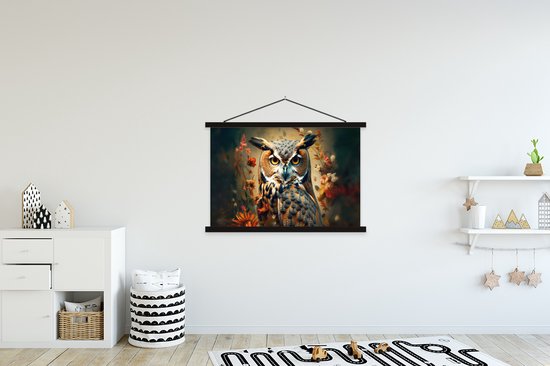 Porte-affiche avec affiche - Affiche scolaire - Hibou - Vogel - Fleurs - Plantes - Botanique - 150x100 cm - Lattes noires