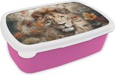 Broodtrommel Roze - Lunchbox - Brooddoos - Leeuw - Wilde dieren - Planten - Natuur - Bloemen - 18x12x6 cm - Kinderen - Meisje