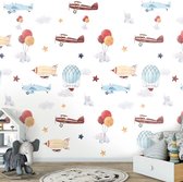 Fotobehang - Vlies Behang - Vliegtuigen, Olifanten en Ballonnen - Kinderbehang - 520 x 318 cm