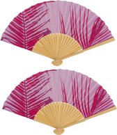 Spaanse handwaaier - 4x - Tropische zomer kleuren print roze - bamboe/papier - 21 cm