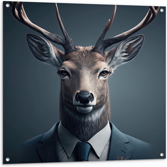 Tuinposter – Hert met Groot Gewei in Zakelijk Pak met Stropdas - 100x100 cm Foto op Tuinposter (wanddecoratie voor buiten en binnen)