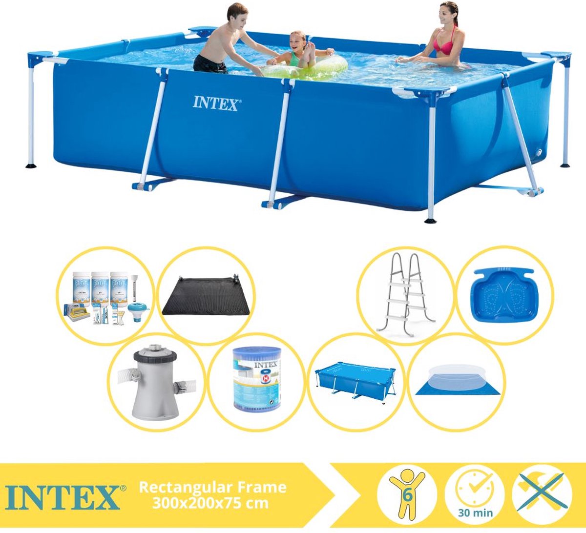 Intex Rectangular Frame Zwembad – Opzetzwembad – 300x200x75 cm – Inclusief Solarzeil, Onderhoudspakket, Zwembadpomp, Filter, Grondzeil, Solar Mat, Trap en Voetenbad
