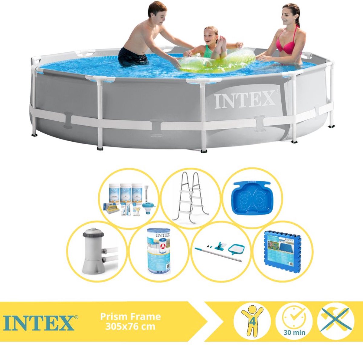 Intex Prism Frame Zwembad – Opzetzwembad – 305×76 cm – Inclusief Onderhoudspakket, Filter, Onderhoudsset, Trap, Voetenbad en Zwembadtegels