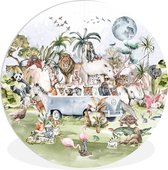 Muurcirkel kinderkamer - Jungle - Dieren - Waterverf - Kind - Wandcirkel - Ronde schilderijen - Muurdecoratie cirkel - 60x60 cm - Ronde wanddecoratie