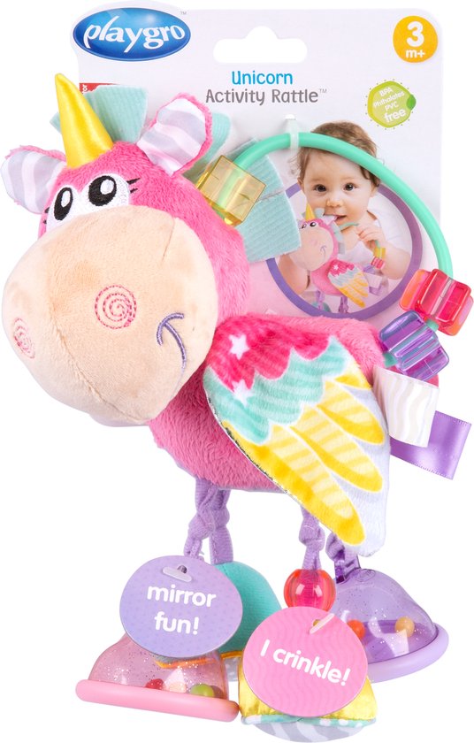 Foto: Playgro clip clop rammelaar unicorn eenhoorn roze activiteitenspeeltje kraamkado