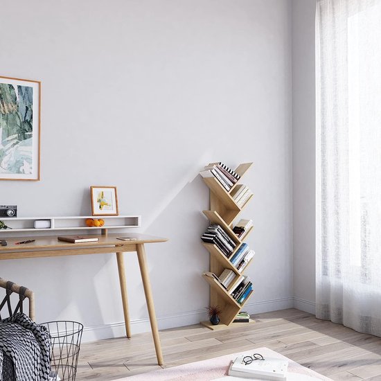 Meerveil Boekenkast, opbergrek in boomvorm met 9 vakken van hout, voor cd's, tijdschriften in kantoor, boekhandel thuis, 40 x 20 x 127 cm, eiken Meerveil Boekenkast, opbergrek in boomvorm met 9 vakken van hout, voor cd's, tijdschriften in kantoor, boekhandel thuis, 40 x 20 x 127 cm, eiken