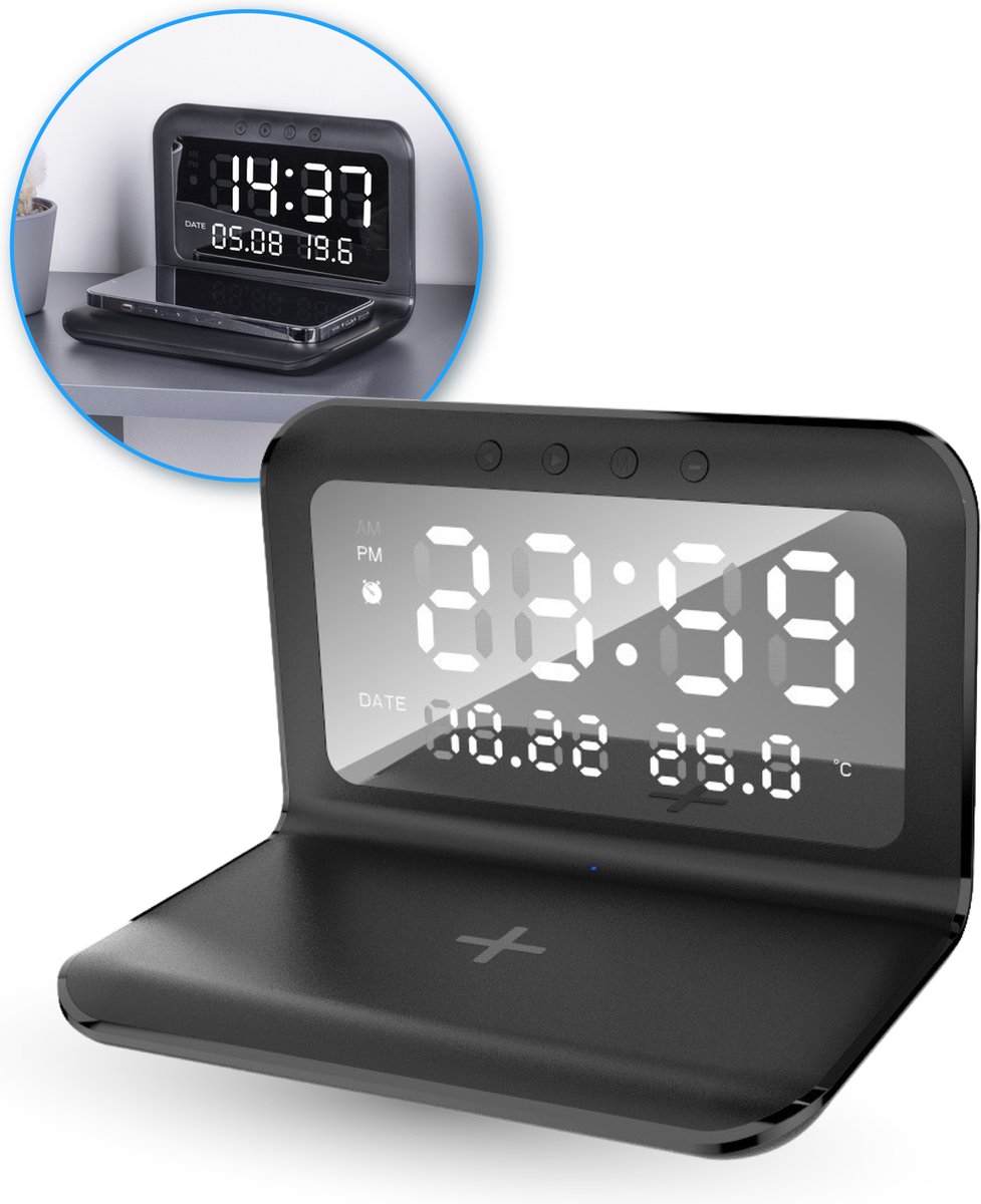 Nuvance - Digitale Wekker - Wekker - Digitale Wekker Slaapkamer - Inclusief Draadloze oplader en Usb Oplaadpoort - met Snooze Functie en Dubbel Alarm