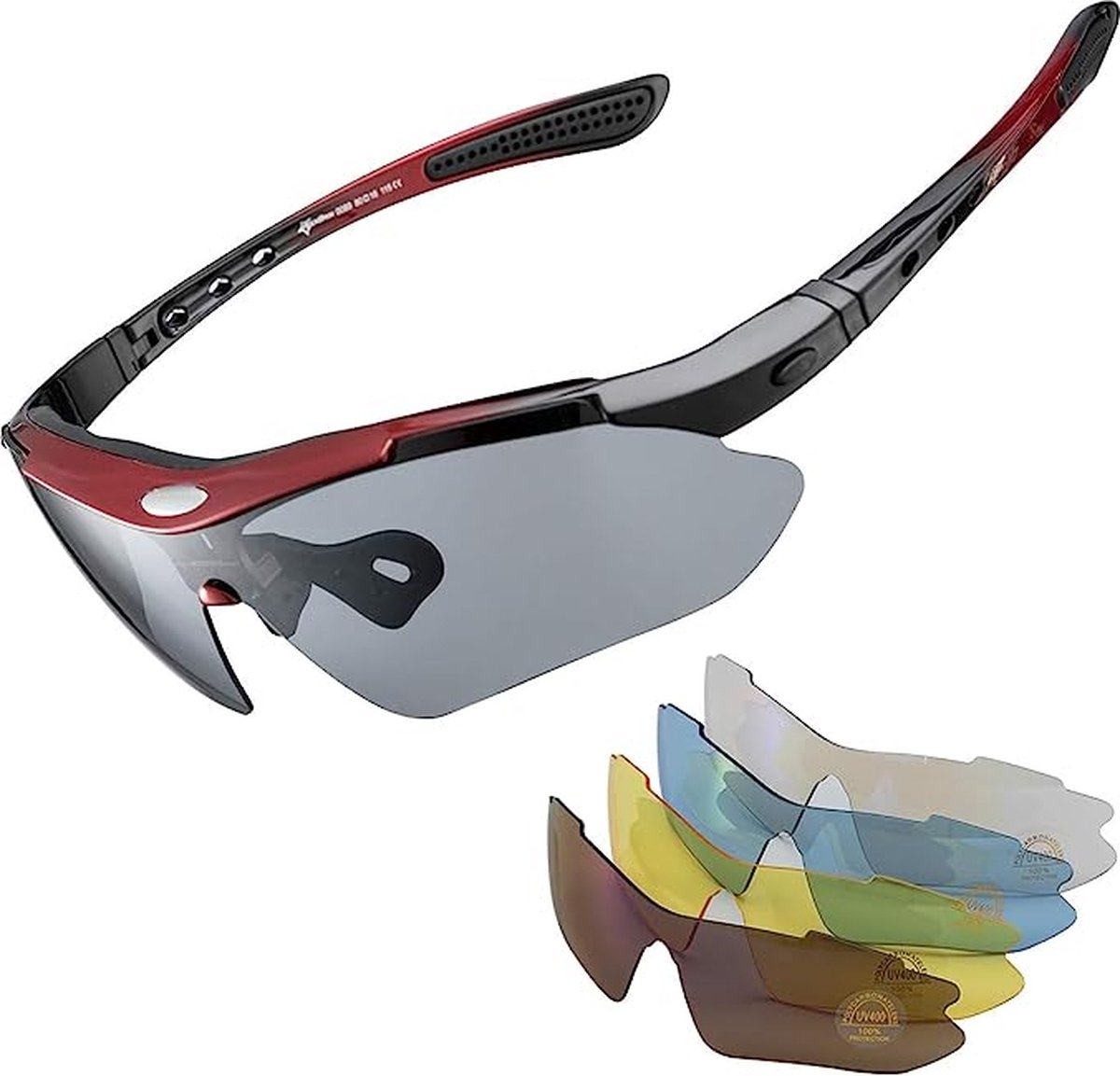 Rockbros Fietsbril - Gepolariseerde Sportbril Set - 5 Verwisselbare Lenzen - UV-Schutzbeschichtung - Rood