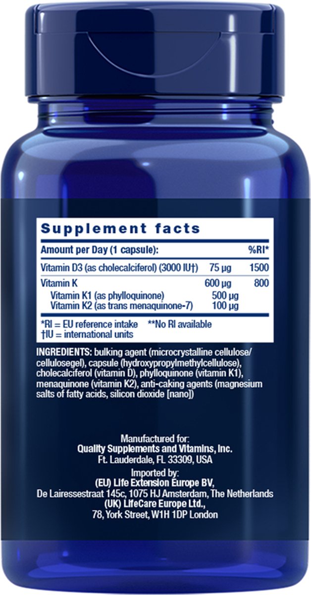 Life Extension - Vitamine D3, Vitamine K1 & K2 - 60 Capsules - Combineert Essentiële Vitaminen - Voedingssupplementen