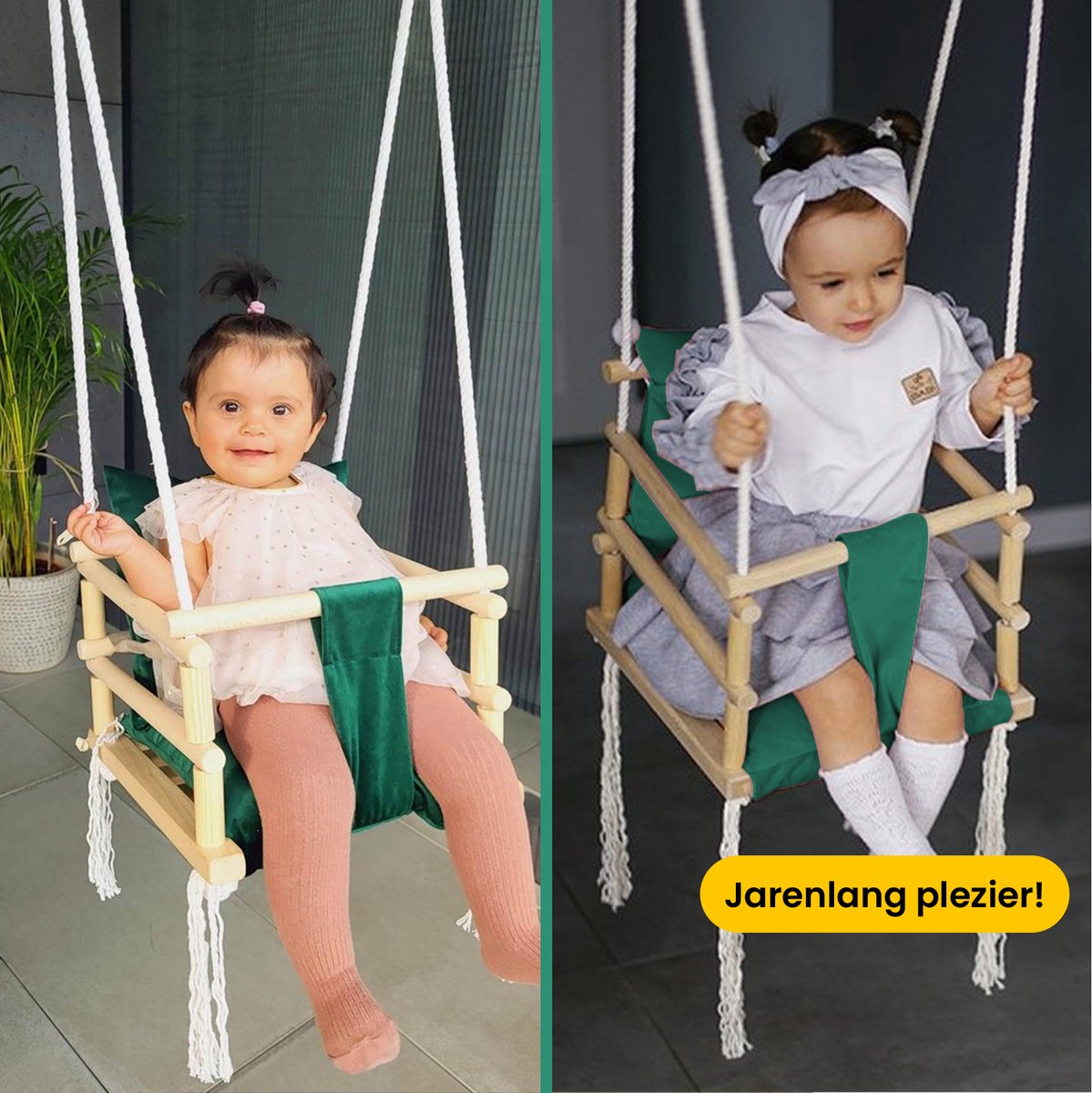 Luxe houten 3 in 1 groene meegroei baby schommel en Kinder schommel – Baby swing – Schommel die meegroeit met je kindje - Schommelstoel - Schommels - Handgemaakt — afbeelding 4