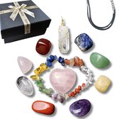 9 cristaux de guérison, collier avec pendentif en quartz et bracelet en pierres précieuses - Set cadeau Natuursteen avec cœur rose
