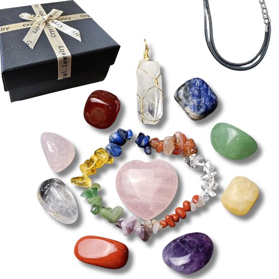 9 Healing Kristallen, Ketting met Kwarts hanger & Edelstenen armband - Gift Set Natuursteen met roze hart