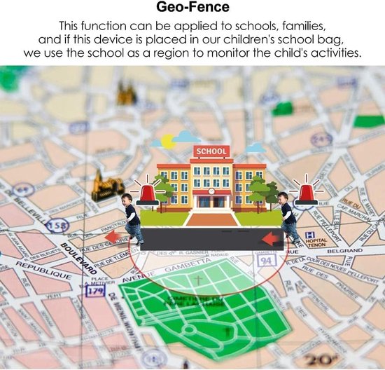 Kaart toont een school en een groene Geo-Fence zone met kinderen en alarmlichten. De tekst "Geo-Fence" staat bovenaan.
