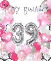 Snoes Ballonnen 39 Jaar Pink Blush Silver Mega Ballon - Compleet Feestpakket 39 Jaar - Verjaardag Versiering Slinger Happy Birthday – Folieballon – Latex Ballonnen - Helium Ballonnen - Zilver en Roze Verjaardag Decoratie