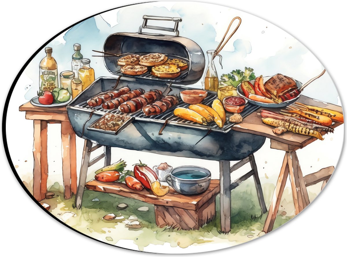 Dibond Ovaal - Tekening met Barbecue met Eten - 28x21 cm Foto op Ovaal (Met Ophangsysteem)