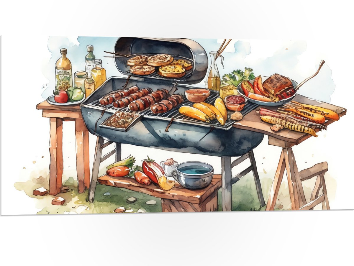 PVC Schuimplaat - Tekening met Barbecue met Eten - 100x50 cm Foto op PVC Schuimplaat (Met