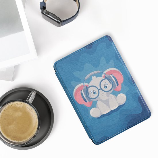 kwmobile e-reader hoesje geschikt voor Amazon Kindle (2022/2024) hoes - E reader flip case met magnetische sluiting - Ereader cover - Schattige olifant design in lichtblauw / donkerblauw / grijs — afbeelding 4