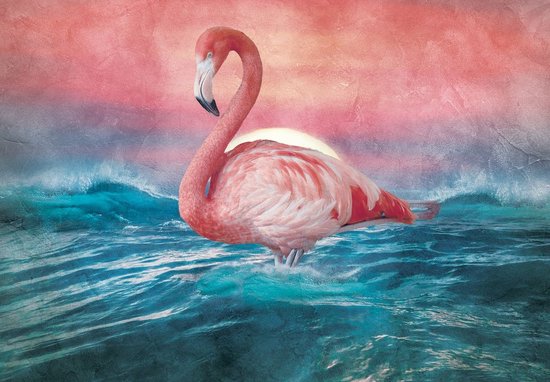 Fotobehang - Vinyl Behang - Flamingo in het Water - Kunst - 104 x 70,5 cm