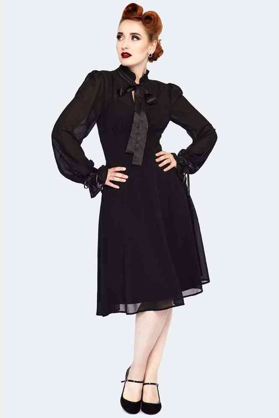 Voodoo Vixen - Sheer High Neck Long Sleeve Ribbon Tie Korte jurk - S - Zwart