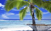 Fotobehang - Vlies Behang - Palmboom met Hangmat aan Zee - Tropisch - Strand - 254 x 184 cm