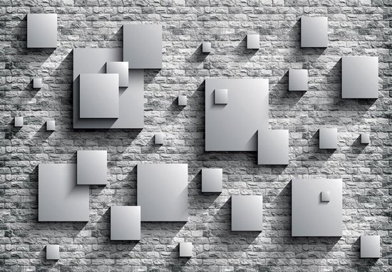 Fotobehang - Vlies Behang - 3D Vierkanten op Bakstenen Muur - 368 x 254 cm
