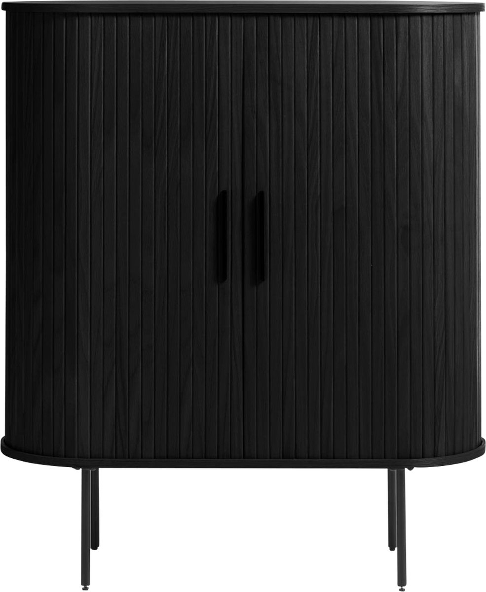 Olivine Lenn Houten Kast Zwart - Ovaal - met Schuifdeuren - Verstelbare Planken - Zwarte Metalen Poten - Dressoir - 100 x 40 x 118 cm